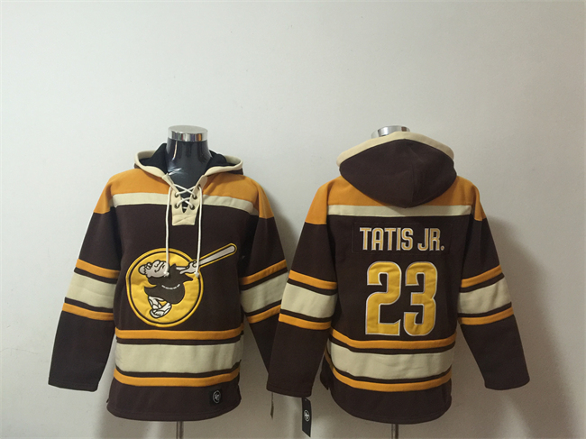 Men's San Diego Padres #23 Fernando Tatis Jr. Brown/Gold Ageless Must-Have Lace-Up Pullover Hoodie